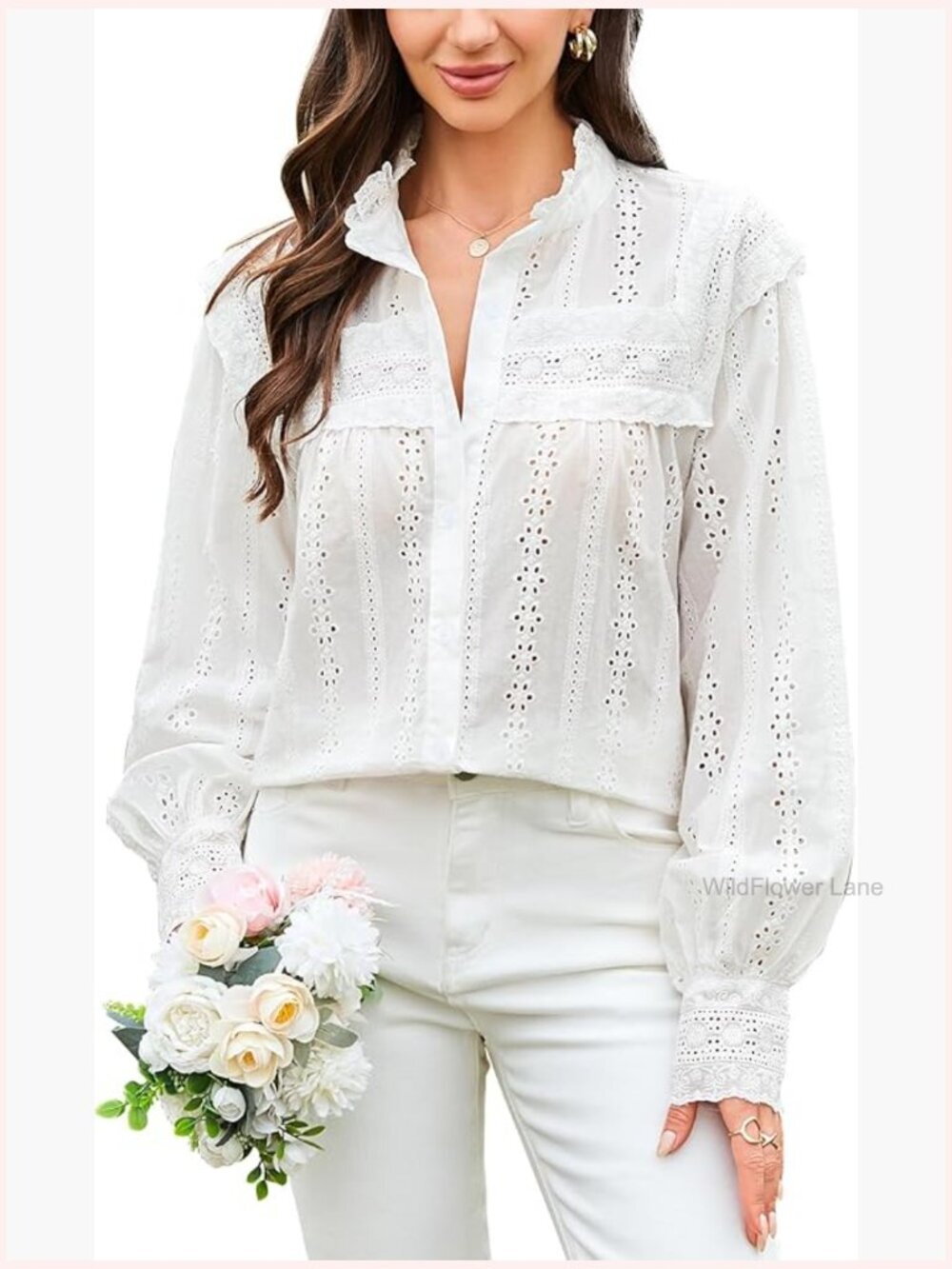 Women Long Sleeve Lace Crop Top Floral Hollow Out Button Down Blouse